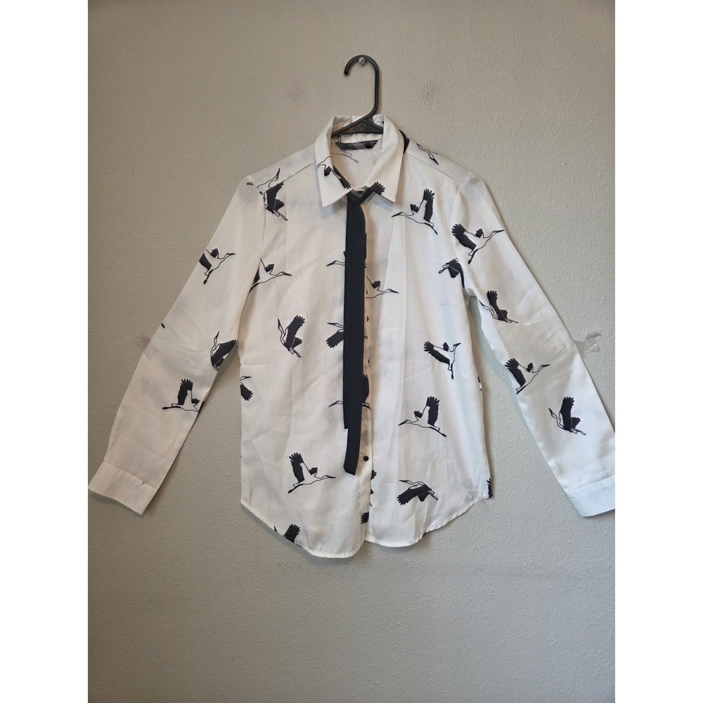 White Bird Print Bow Tie Neck Collared Long Sleeve Button-Up Blouse M - Picture 3 of 10